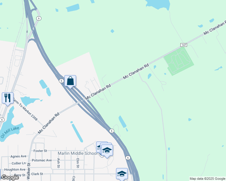 map of restaurants, bars, coffee shops, grocery stores, and more near 142 Farm to Market Road 147 in Marlin