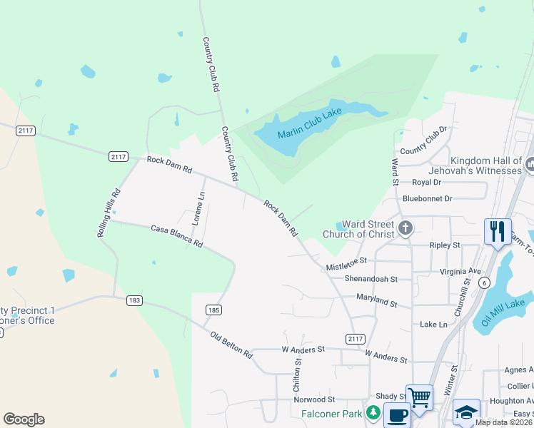 map of restaurants, bars, coffee shops, grocery stores, and more near 1309 Rock Dam Road in Marlin