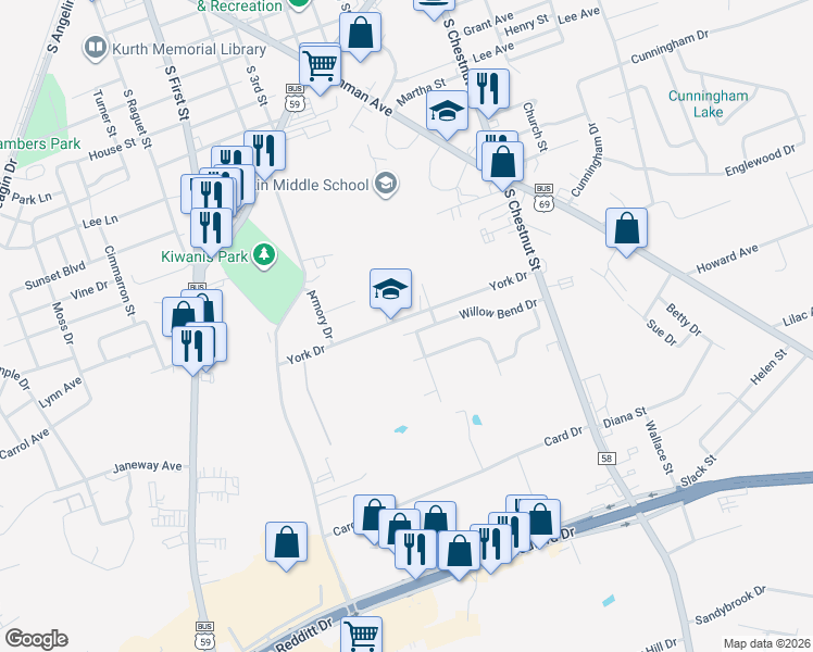 map of restaurants, bars, coffee shops, grocery stores, and more near 504 Willow Bend Drive in Lufkin