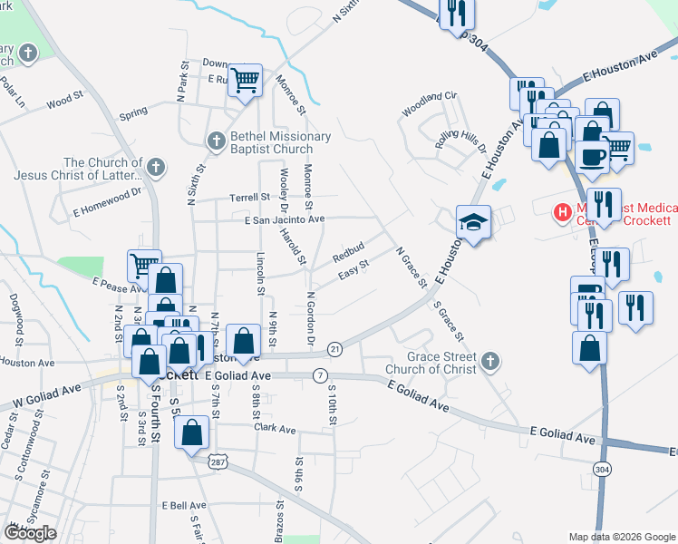 map of restaurants, bars, coffee shops, grocery stores, and more near 1001 East Easy Avenue in Crockett