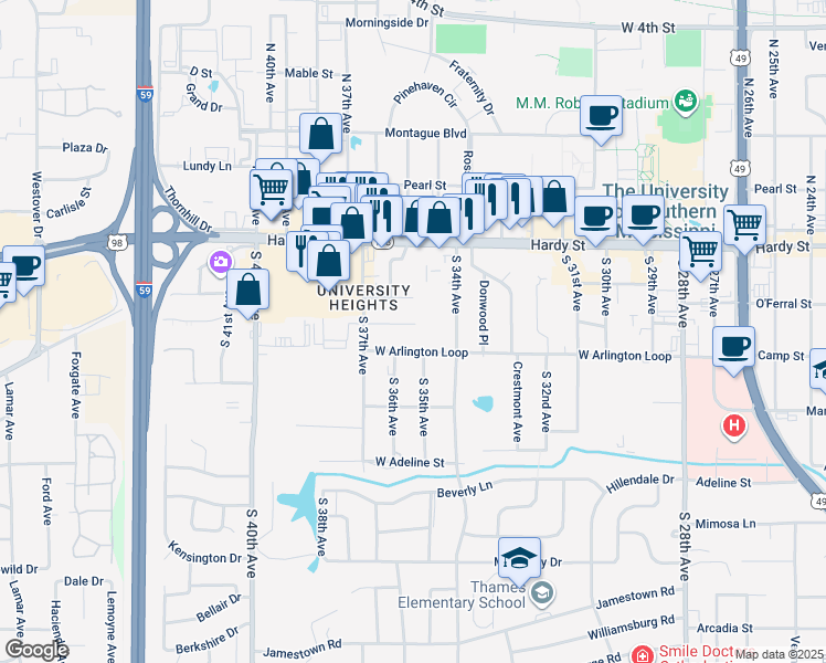 map of restaurants, bars, coffee shops, grocery stores, and more near 3500 Peach Street in Hattiesburg