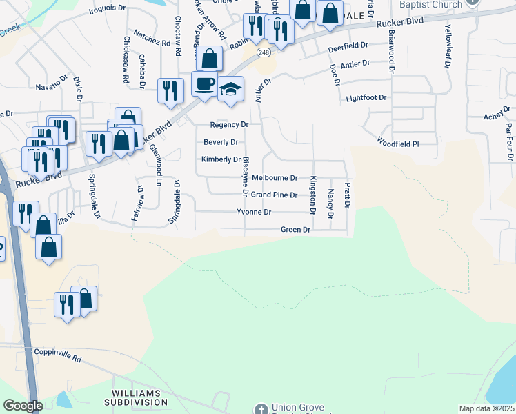 map of restaurants, bars, coffee shops, grocery stores, and more near 300 Yvonne Drive in Enterprise