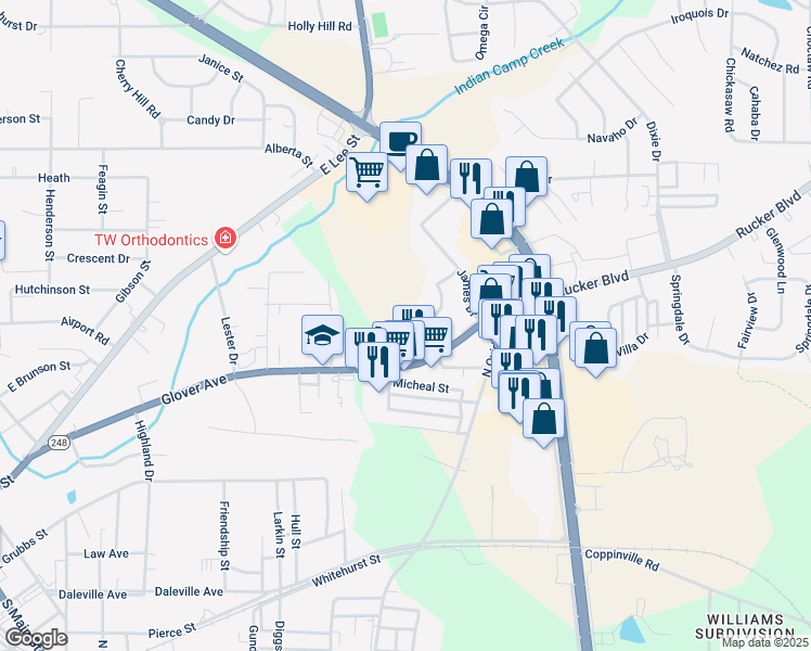 map of restaurants, bars, coffee shops, grocery stores, and more near 203 Wynn Road in Enterprise