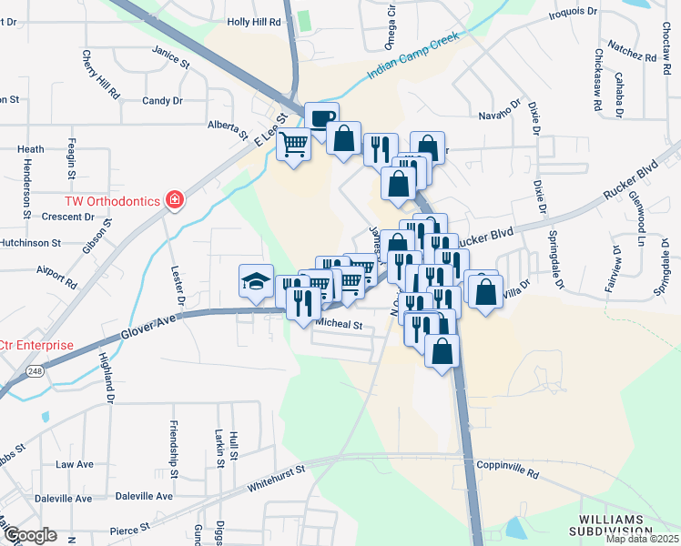 map of restaurants, bars, coffee shops, grocery stores, and more near 203 Wynn Road in Enterprise