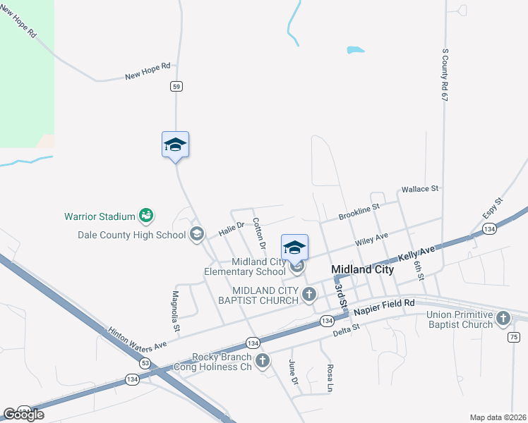 map of restaurants, bars, coffee shops, grocery stores, and more near 140 Cotton Drive in Midland City