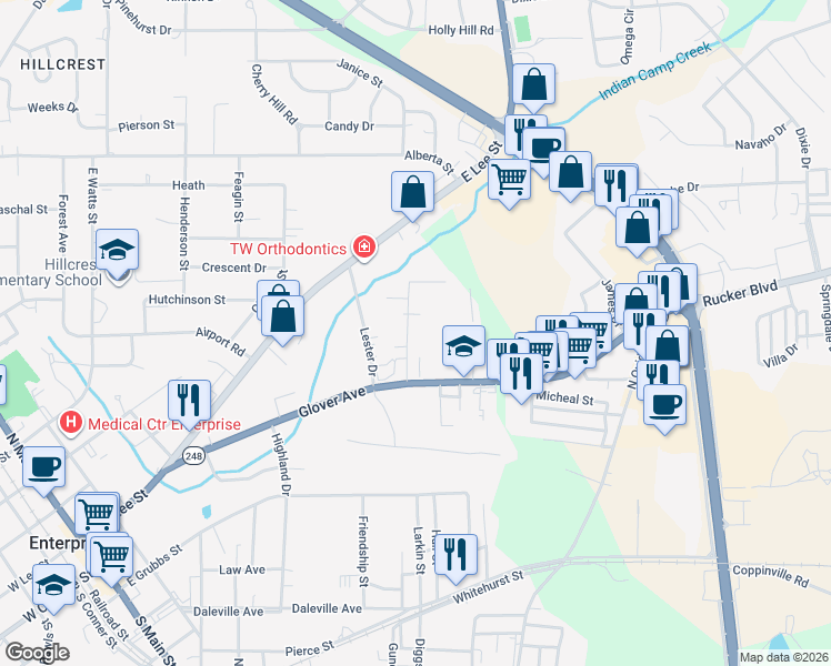 map of restaurants, bars, coffee shops, grocery stores, and more near 108 Colony Drive in Enterprise