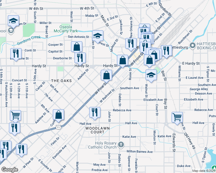 map of restaurants, bars, coffee shops, grocery stores, and more near 107 3rd Ave in Hattiesburg