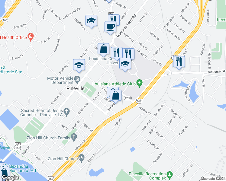 map of restaurants, bars, coffee shops, grocery stores, and more near 308 1st Street in Pineville