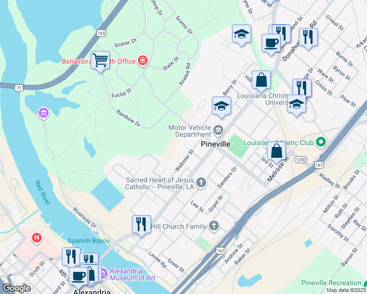 map of restaurants, bars, coffee shops, grocery stores, and more near 205 Hayden Street in Pineville