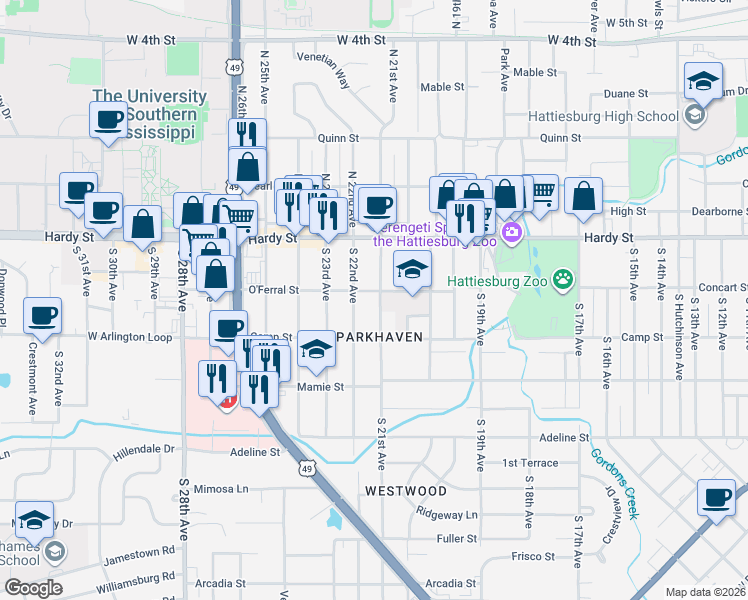 map of restaurants, bars, coffee shops, grocery stores, and more near 114 S 22nd Ave in Hattiesburg