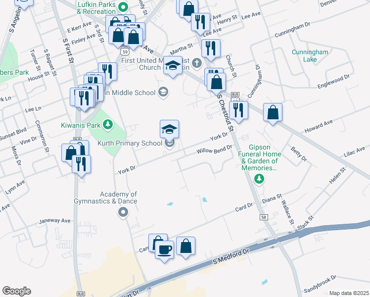 map of restaurants, bars, coffee shops, grocery stores, and more near 521 York Drive in Lufkin