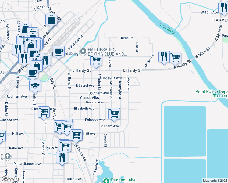 map of restaurants, bars, coffee shops, grocery stores, and more near 303 Mc Swain Street in Hattiesburg