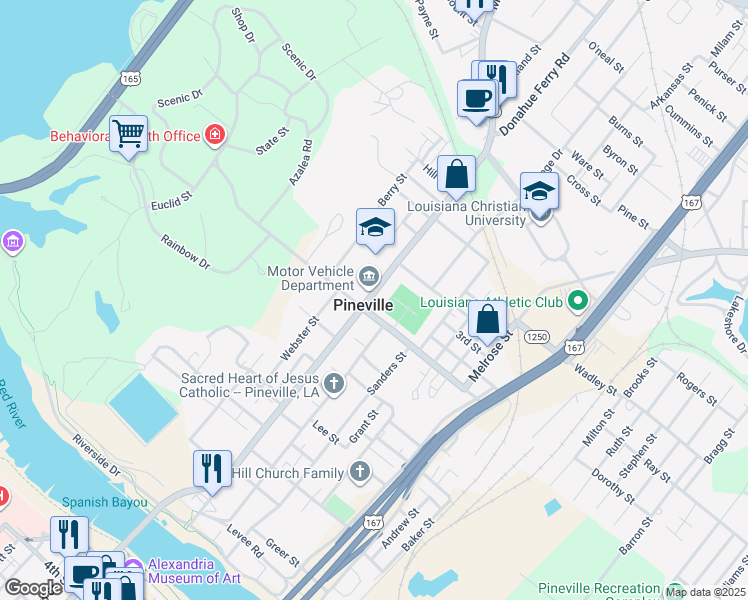 map of restaurants, bars, coffee shops, grocery stores, and more near 806 Main St in Pineville