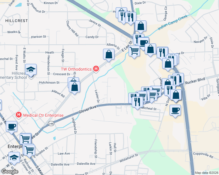 map of restaurants, bars, coffee shops, grocery stores, and more near 118 Colony Drive in Enterprise