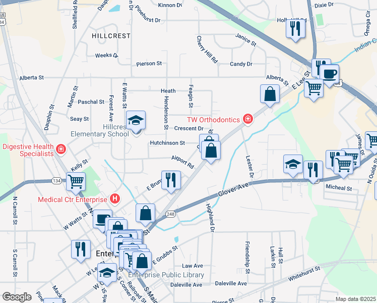 map of restaurants, bars, coffee shops, grocery stores, and more near 109 Hutchinson Street in Enterprise