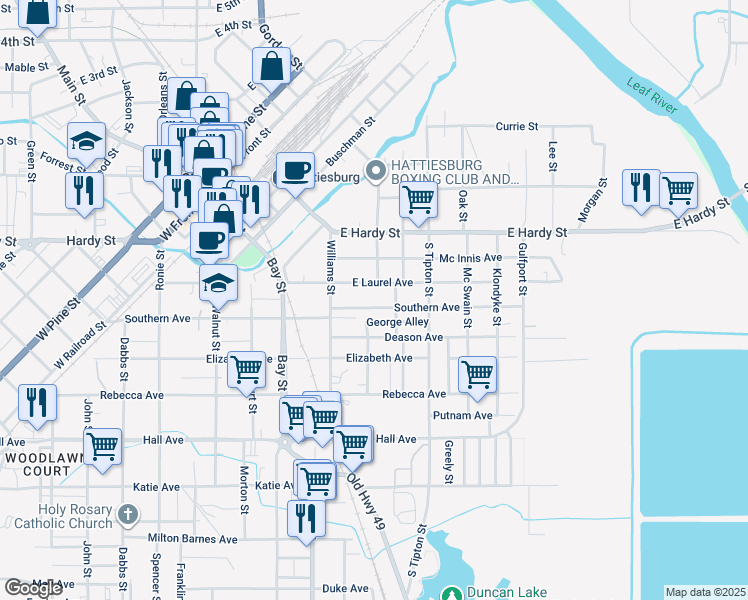 map of restaurants, bars, coffee shops, grocery stores, and more near 917 East Laurel Avenue in Hattiesburg