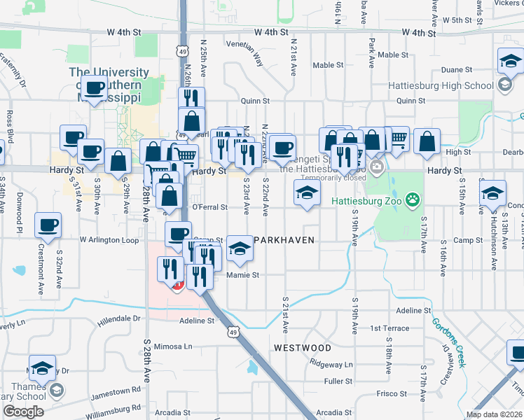 map of restaurants, bars, coffee shops, grocery stores, and more near 114 S 22nd Ave in Hattiesburg