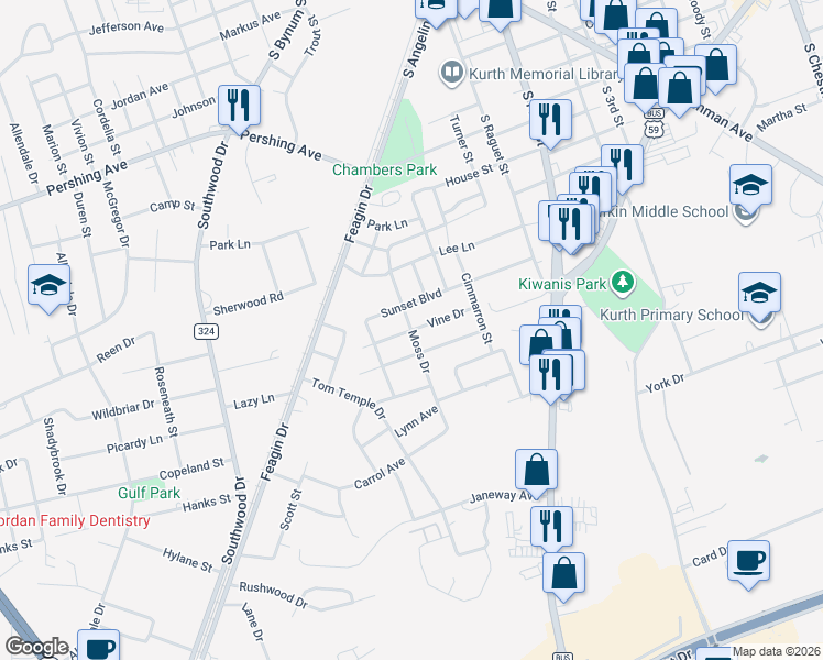 map of restaurants, bars, coffee shops, grocery stores, and more near 500 Vine Drive in Lufkin
