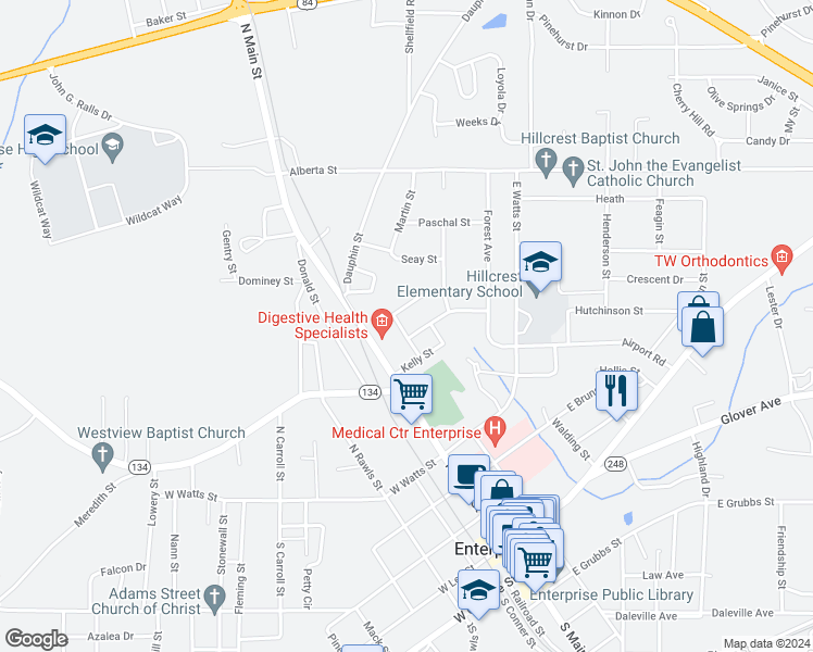 map of restaurants, bars, coffee shops, grocery stores, and more near 202 Gilbert Street in Enterprise