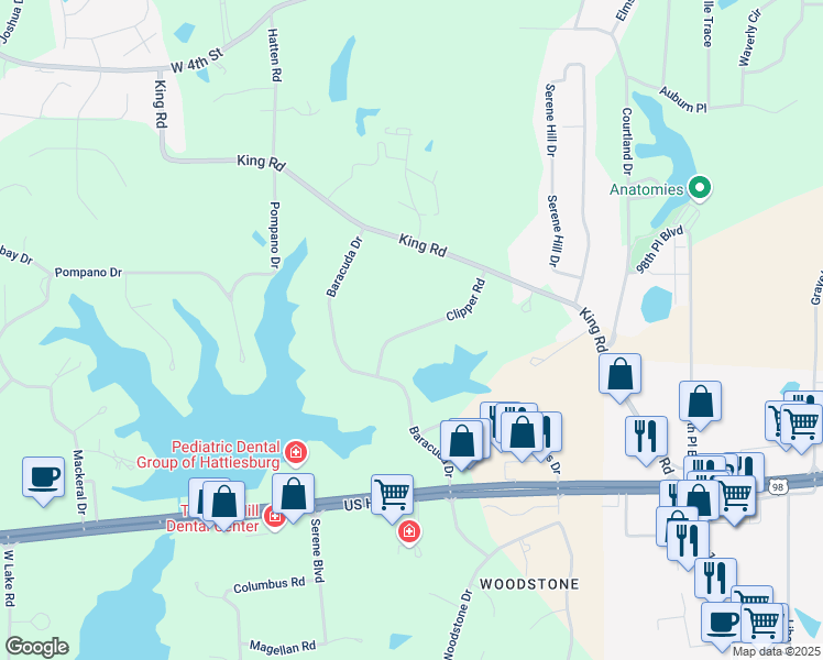 map of restaurants, bars, coffee shops, grocery stores, and more near 36 Clipper Road in Hattiesburg