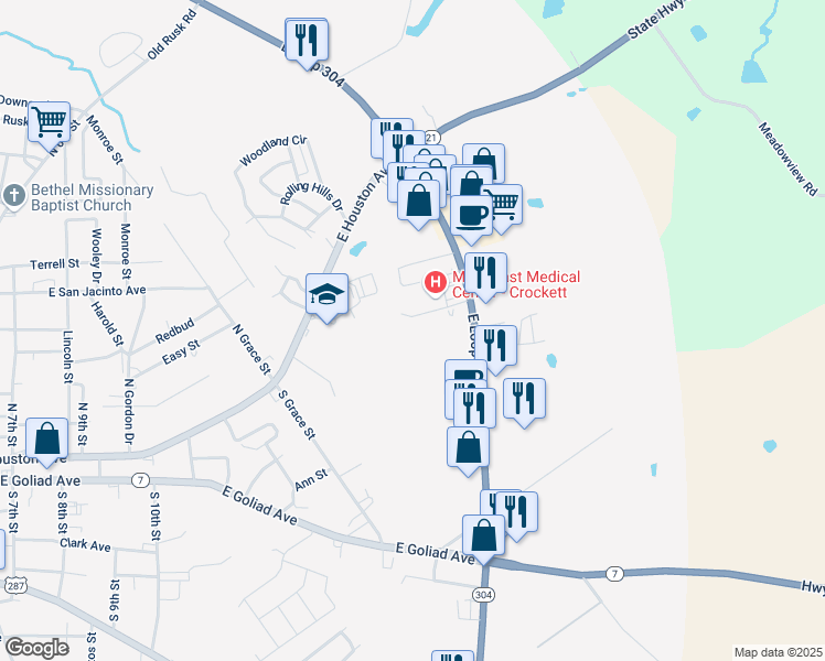 map of restaurants, bars, coffee shops, grocery stores, and more near 1116 Texas 304 Loop in Crockett