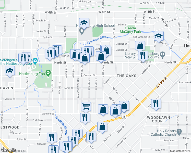map of restaurants, bars, coffee shops, grocery stores, and more near 700 Concart Street in Hattiesburg