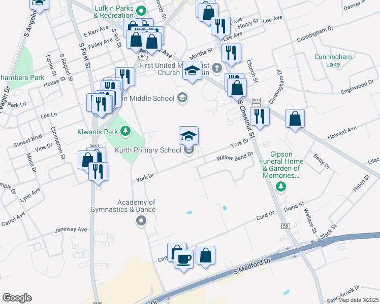 map of restaurants, bars, coffee shops, grocery stores, and more near 521 York Drive in Lufkin