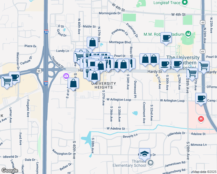 map of restaurants, bars, coffee shops, grocery stores, and more near 3604 Essex Street in Hattiesburg