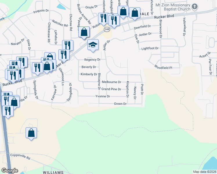 map of restaurants, bars, coffee shops, grocery stores, and more near 601 Grand Pine Avenue in Enterprise