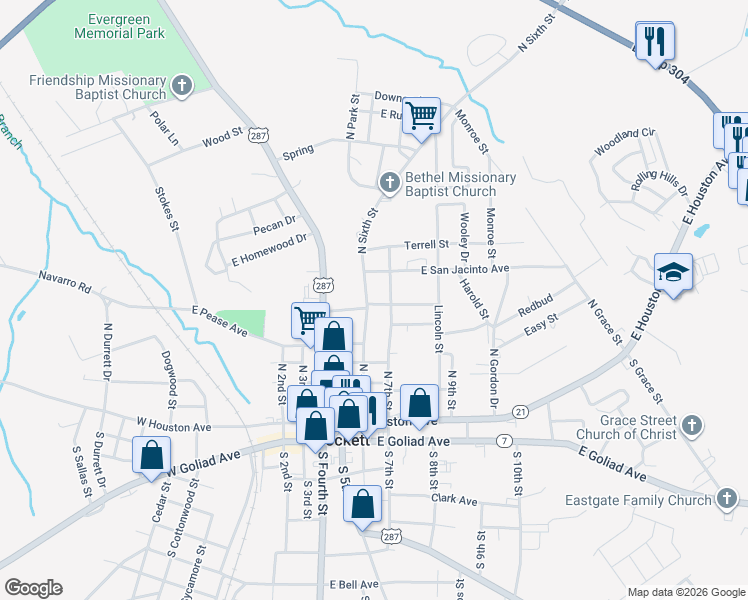 map of restaurants, bars, coffee shops, grocery stores, and more near 600 North 6th Street in Crockett
