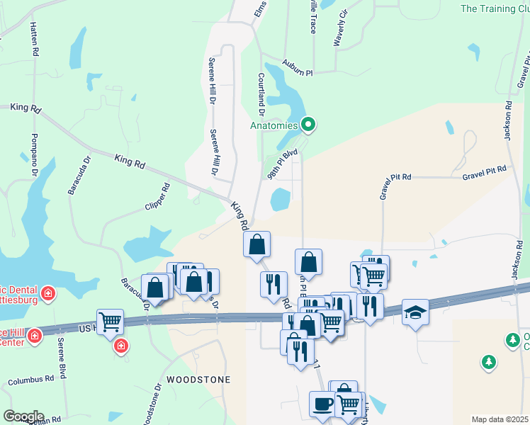 map of restaurants, bars, coffee shops, grocery stores, and more near 2 Courtland Drive in Hattiesburg
