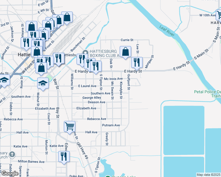 map of restaurants, bars, coffee shops, grocery stores, and more near 303 Mc Swain Street in Hattiesburg