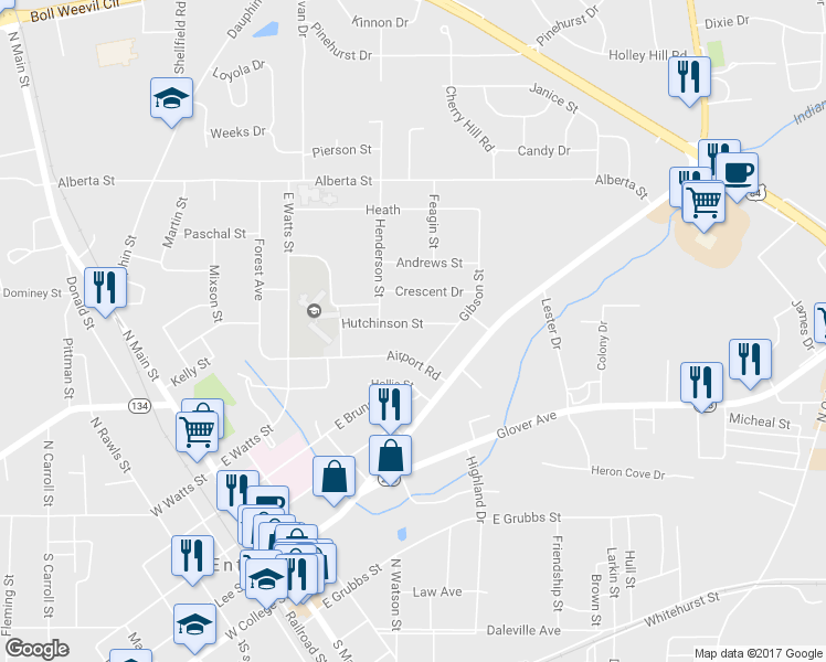 map of restaurants, bars, coffee shops, grocery stores, and more near 109 Hutchinson Street in Enterprise