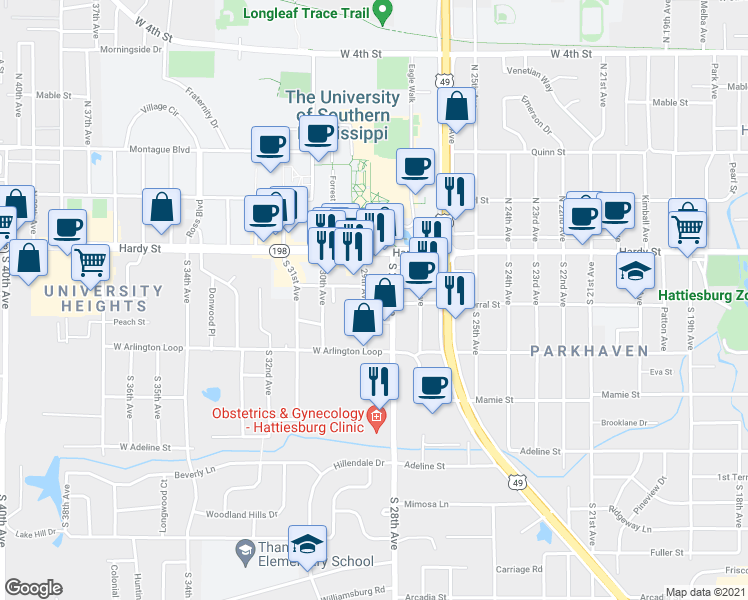 map of restaurants, bars, coffee shops, grocery stores, and more near 202 South 29th Avenue in Hattiesburg