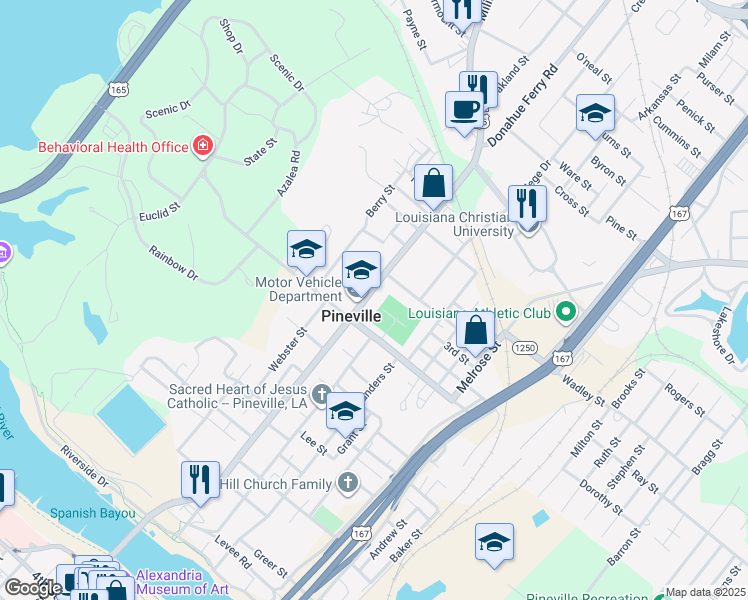 map of restaurants, bars, coffee shops, grocery stores, and more near 806 Main St in Pineville