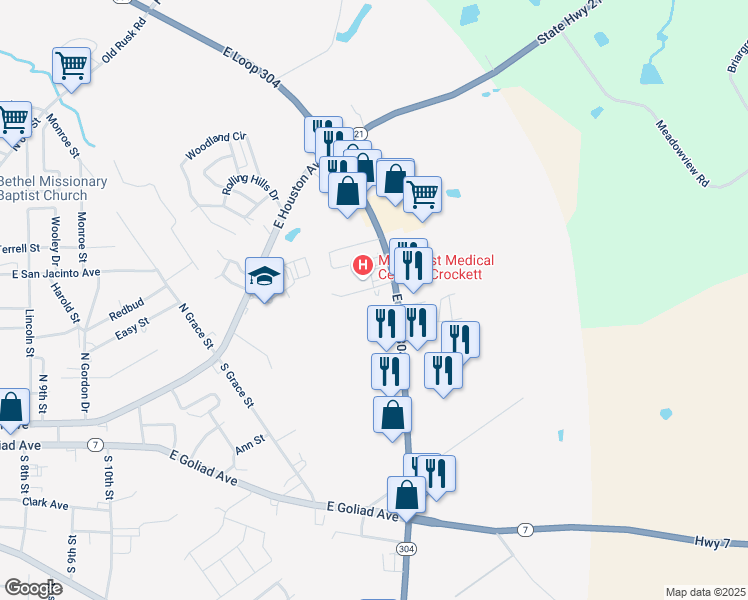 map of restaurants, bars, coffee shops, grocery stores, and more near 1116 Texas 304 Loop in Crockett