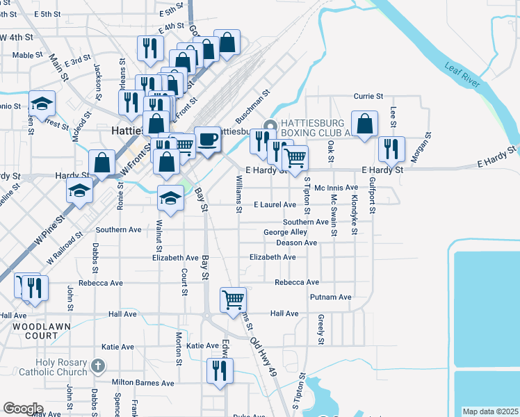 map of restaurants, bars, coffee shops, grocery stores, and more near 917 East Laurel Avenue in Hattiesburg