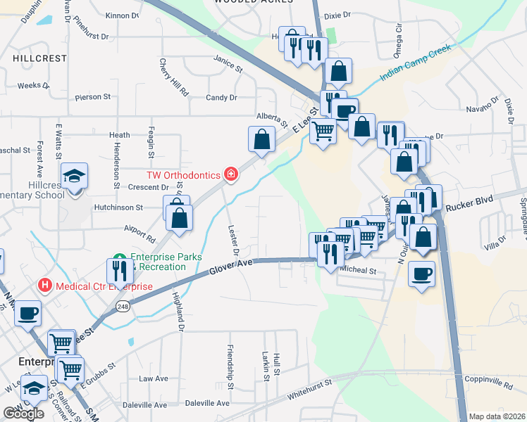 map of restaurants, bars, coffee shops, grocery stores, and more near 206 Colony Drive in Enterprise