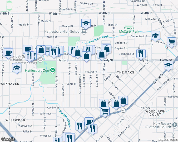 map of restaurants, bars, coffee shops, grocery stores, and more near Concart Street in Hattiesburg