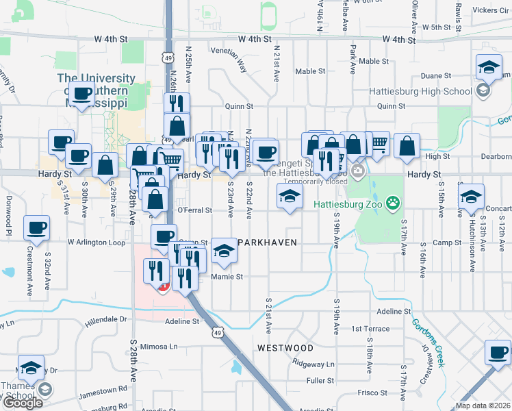 map of restaurants, bars, coffee shops, grocery stores, and more near 114 South 22nd Avenue in Hattiesburg
