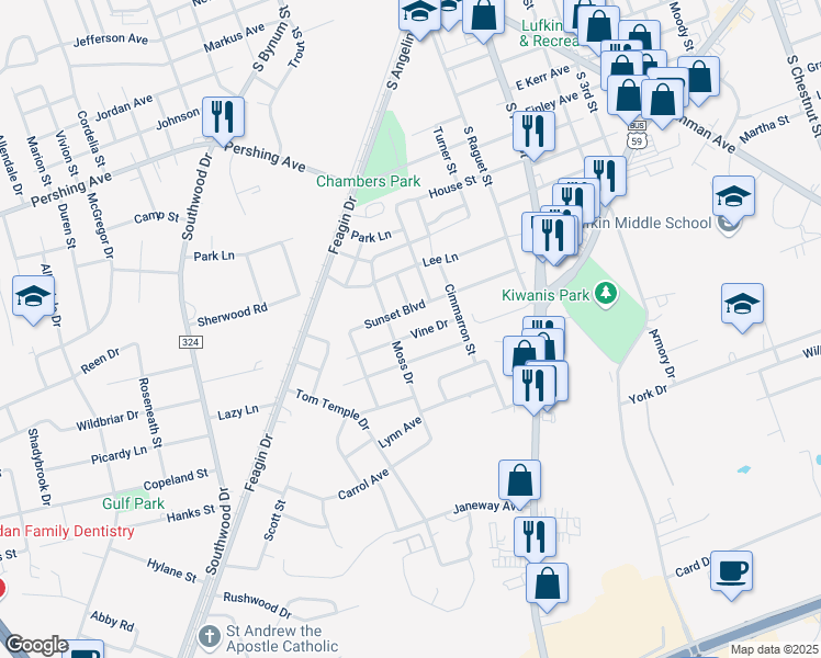 map of restaurants, bars, coffee shops, grocery stores, and more near 418 Vine Drive in Lufkin