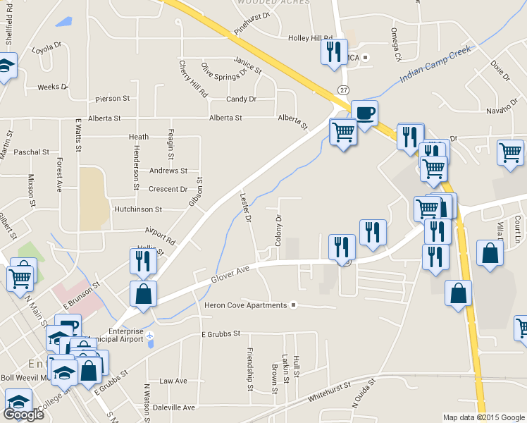 map of restaurants, bars, coffee shops, grocery stores, and more near 201 Colony Drive in Enterprise