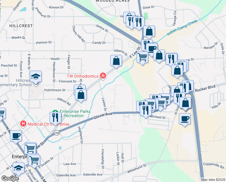 map of restaurants, bars, coffee shops, grocery stores, and more near 204 Colony Drive in Enterprise