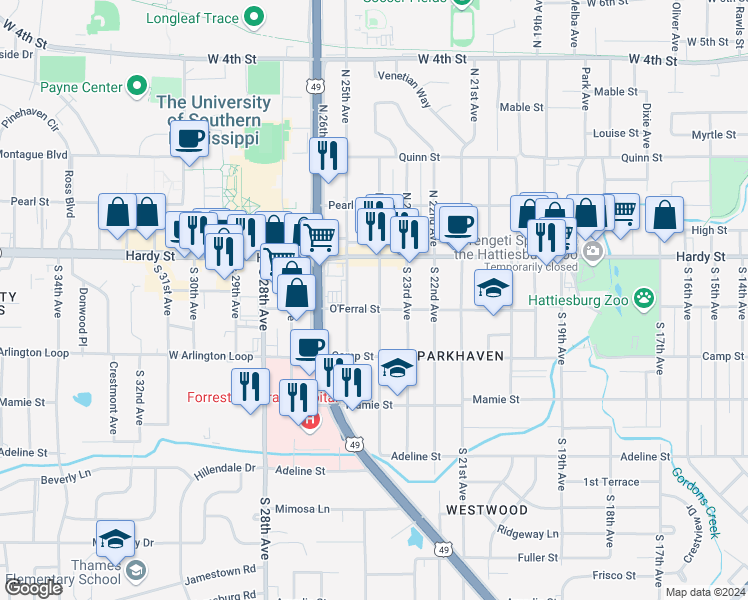 map of restaurants, bars, coffee shops, grocery stores, and more near 121 South 24th Avenue in Hattiesburg