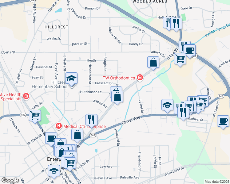 map of restaurants, bars, coffee shops, grocery stores, and more near 101 Hutchinson Street in Enterprise