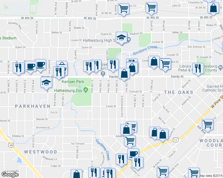 map of restaurants, bars, coffee shops, grocery stores, and more near 1411 Concart St in Hattiesburg