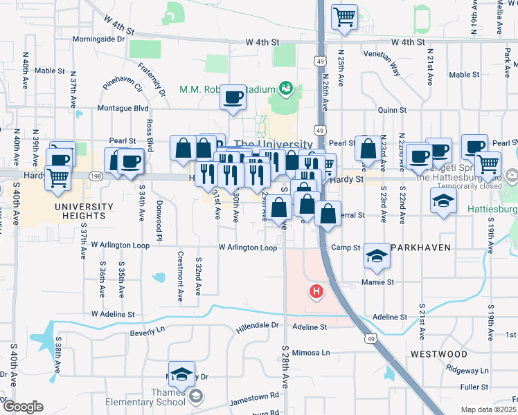 map of restaurants, bars, coffee shops, grocery stores, and more near 202 South 29th Avenue in Hattiesburg
