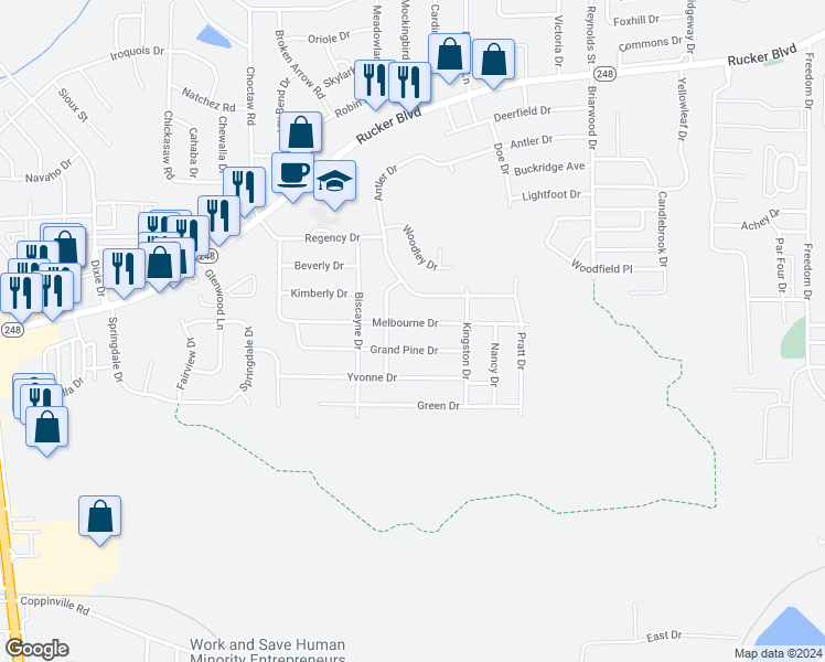 map of restaurants, bars, coffee shops, grocery stores, and more near 604 Melbourne Drive in Enterprise