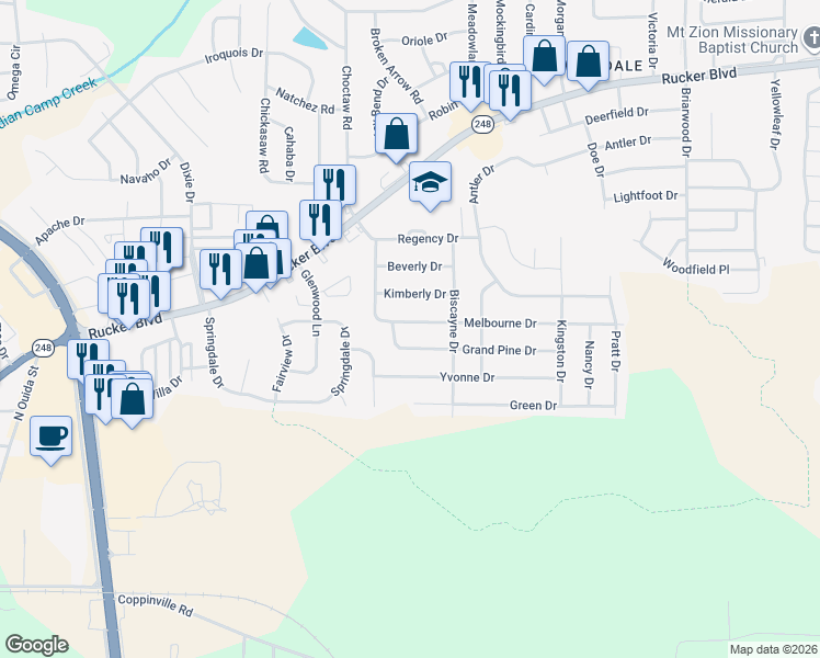 map of restaurants, bars, coffee shops, grocery stores, and more near 405 Grand Pine Drive in Enterprise