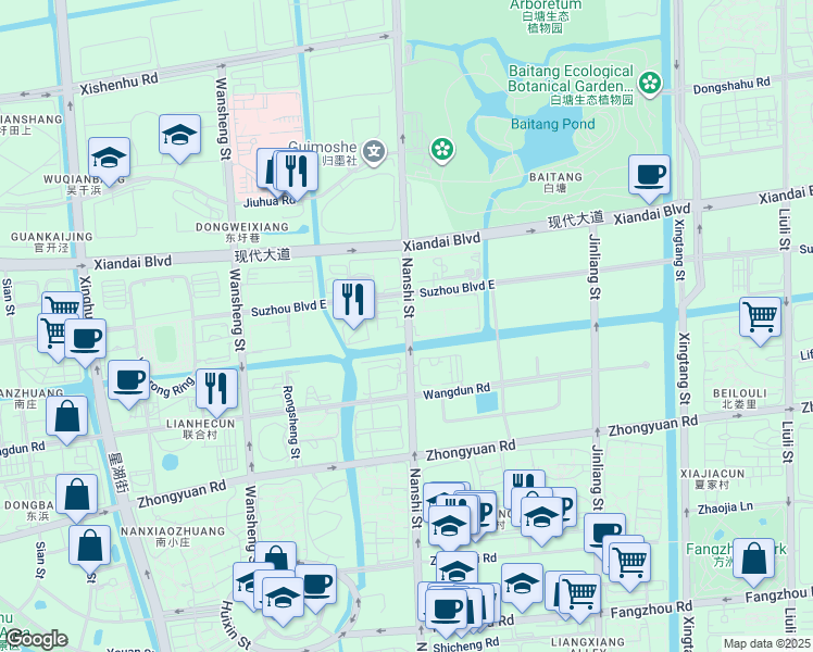 map of restaurants, bars, coffee shops, grocery stores, and more near Nan Shi Jie in Suzhou Shi